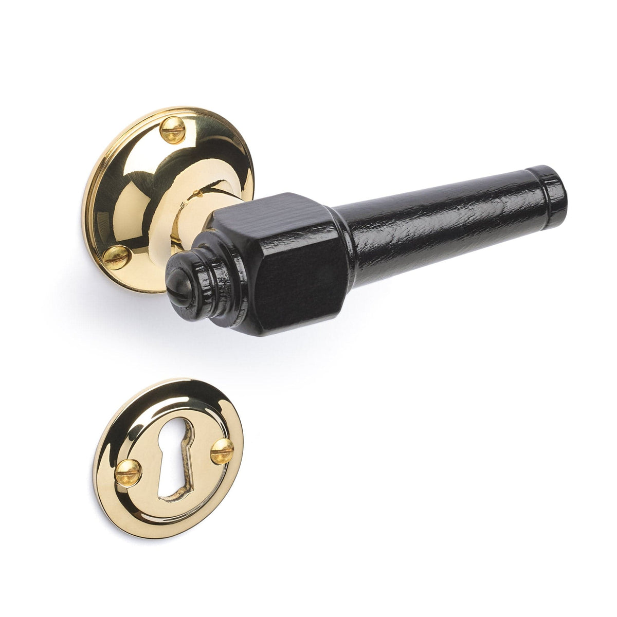 Svanemølle | Dørhåndtag i Sortlakeret træ med klassiske rosetter og nøgleskilte i Blank Messing uden Lak L 111 mm (C/C 30 mm) Sibes SM-SO-1770-MPU FINICC