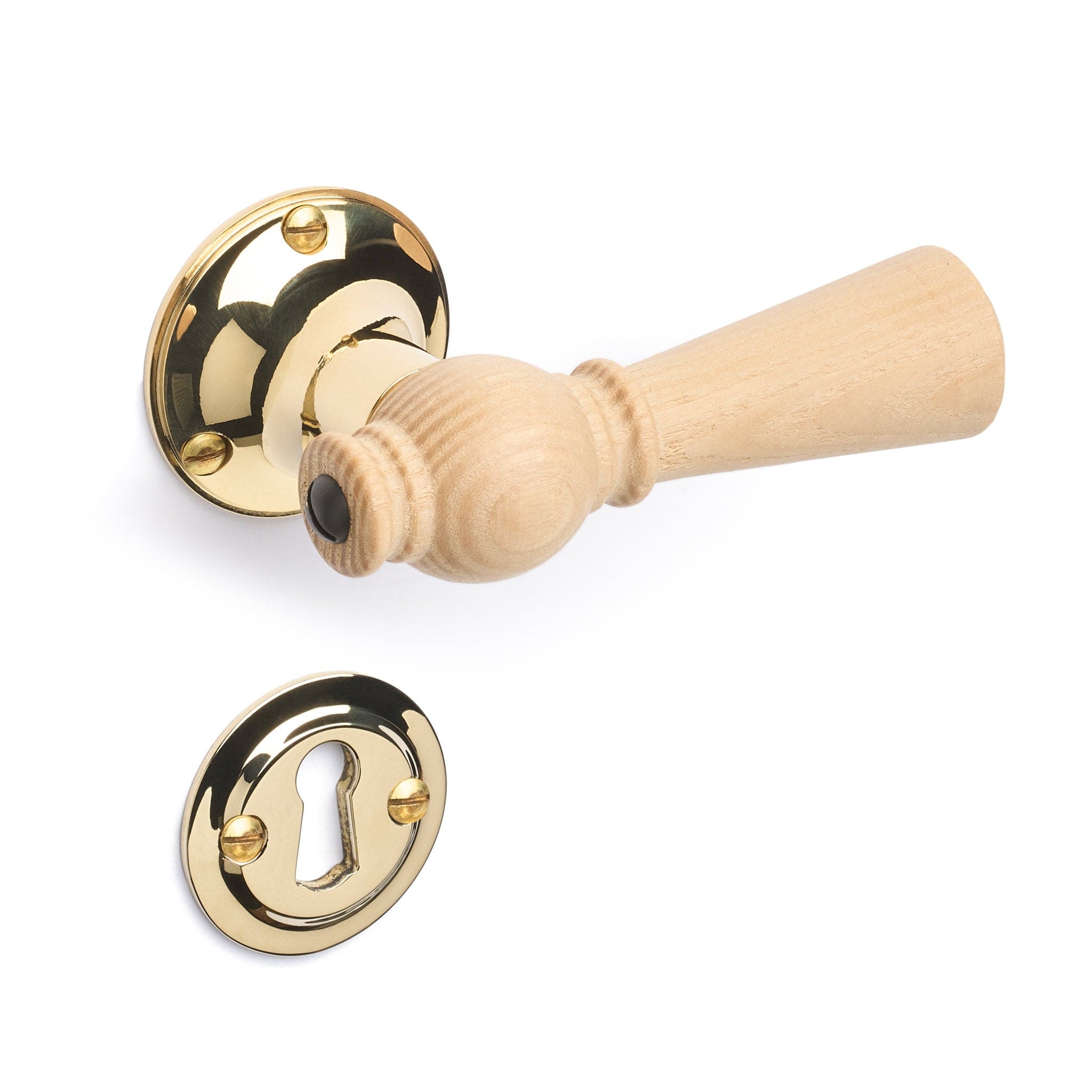 Østerbro | Dørhåndtag i Asketræ med klassiske rosetter og nøgleskilte i Blank Messing uden Lak L 111 mm (C/C 30 mm) Sibes ØB-AS-1770-MPU FINICC