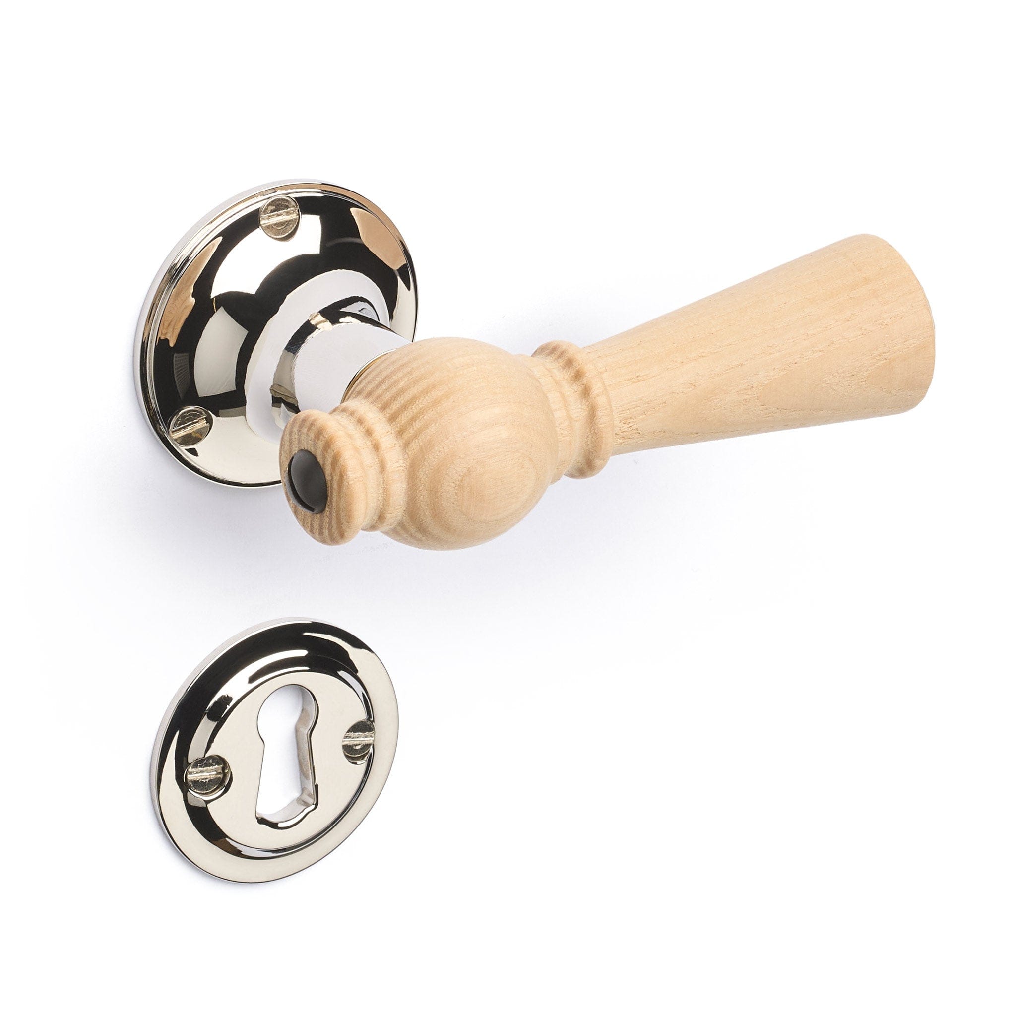 Østerbro | Dørhåndtag i Asketræ med klassiske rosetter og nøgleskilte i Blank Nikkel L 111 mm (C/C 30 mm) Sibes ØB-AS-1770-NI FINICC