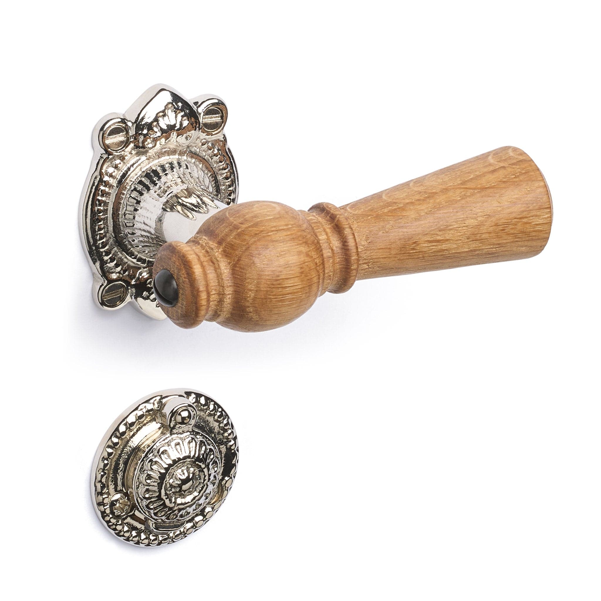 Østerbro | Dørhåndtag i Egetræ med almue rosetter og nøgleskilte i Blank Nikkel L 111 mm (C/C 30 mm) Sibes ØB-EN-1670-NI FINICC