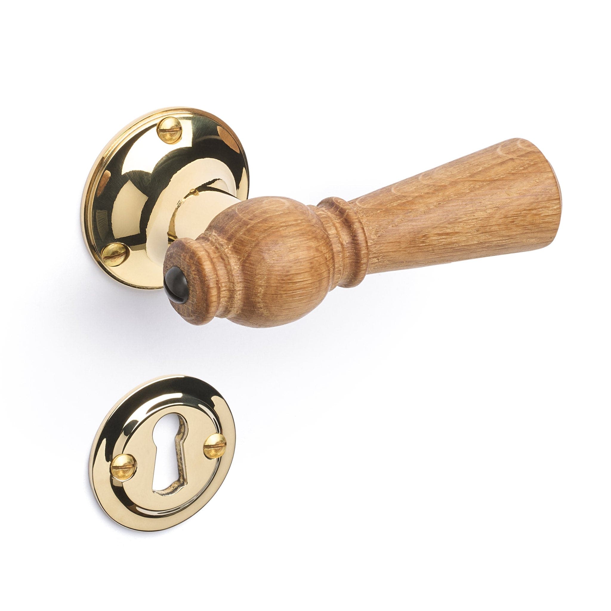 Østerbro | Dørhåndtag i Egetræ med klassiske rosetter og nøgleskilte i Blank Messing uden Lak L 111 mm (C/C 30 mm) Sibes ØB-EN-1770-MPU FINICC