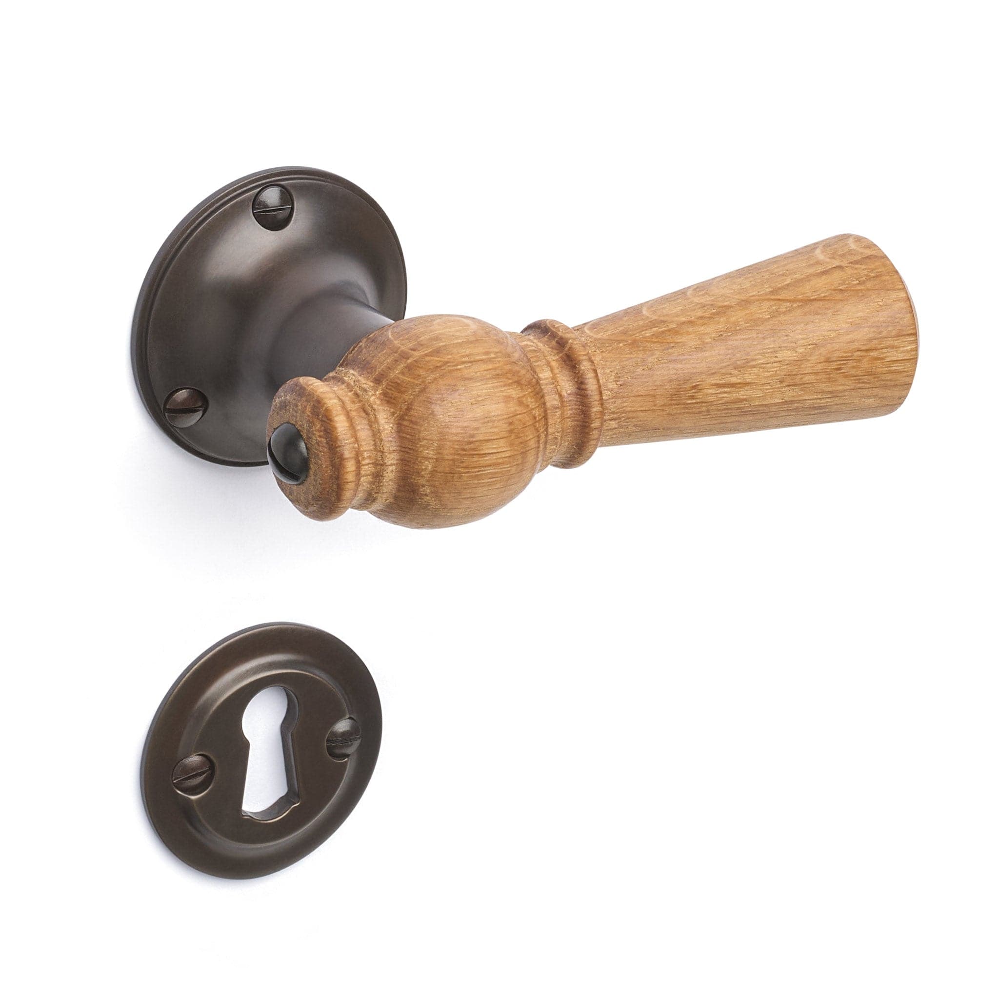 Østerbro | Dørhåndtag i Egetræ med klassiske rosetter og nøgleskilte i Bruneret Messing - 2026 model L 111 mm (C/C 30 mm) Sibes ØB-EN-1770-BB-DUMMY FINICC