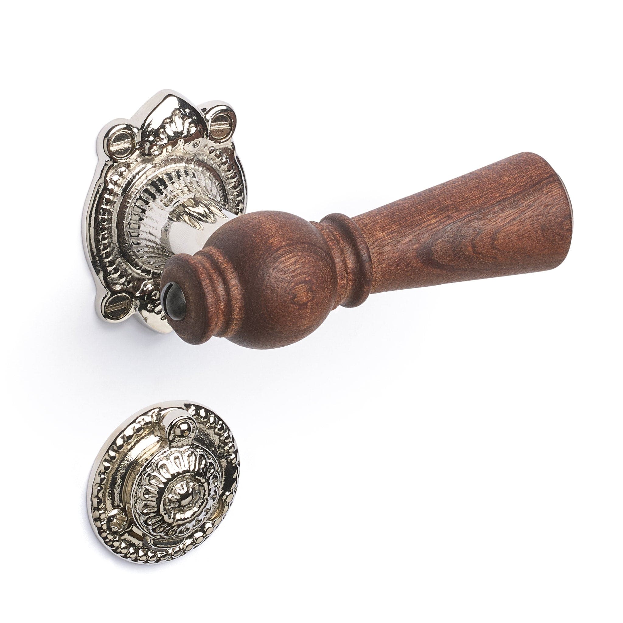 Østerbro | Dørhåndtag i Mahogni med almue rosetter og nøgleskilte i Blank Nikkel L 111 mm (C/C 30 mm) Sibes ØB-MA-1670-NI FINICC