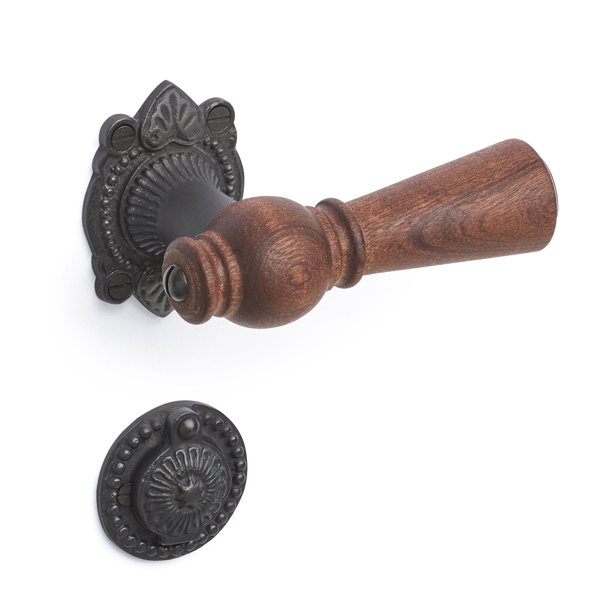 Østerbro | Dørhåndtag i Mahogni med almue rosetter og nøgleskilte i Sort Oxideret Messing L 111 mm (C/C 30 mm) Sibes ØB-MA-1670-OX FINICC