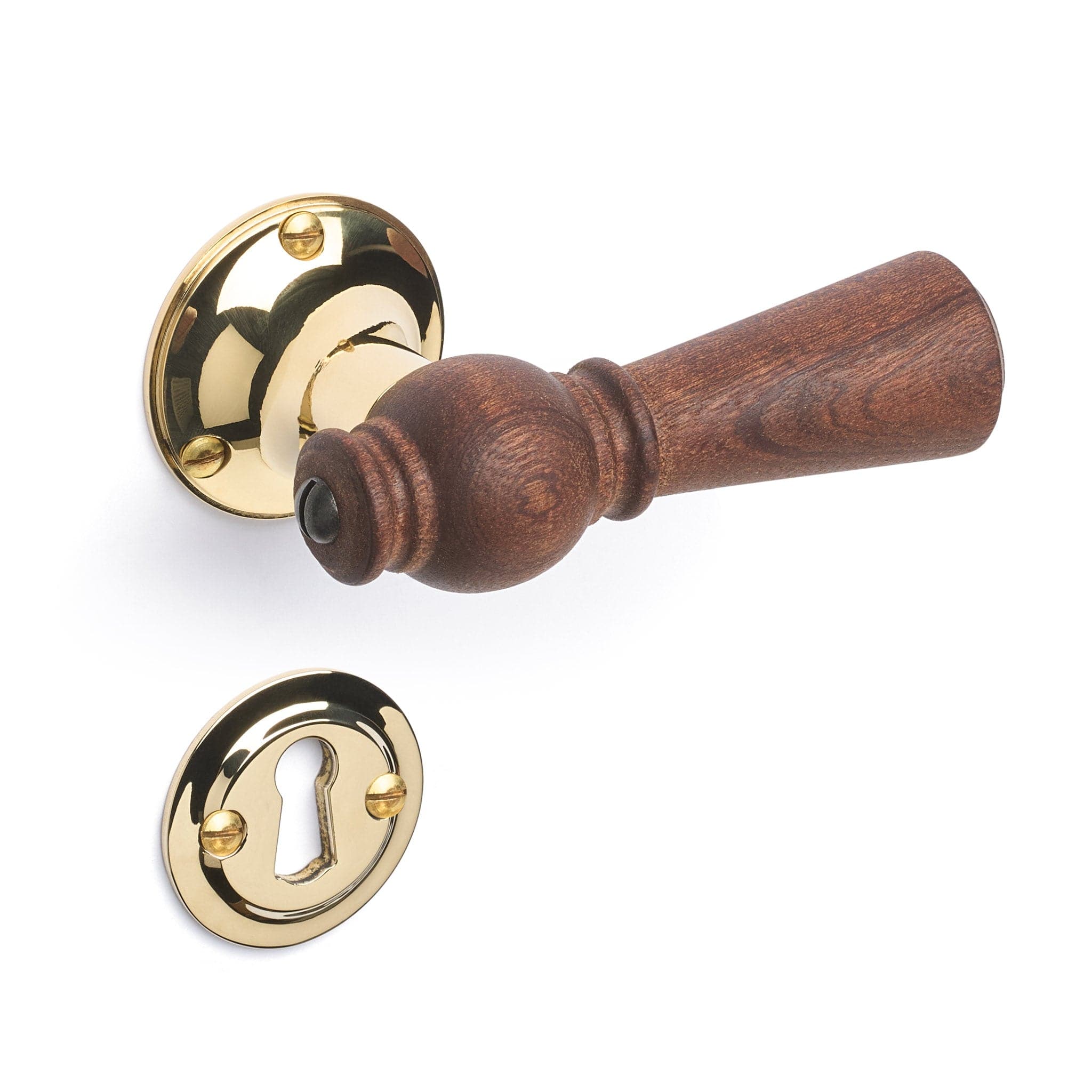 Østerbro | Dørhåndtag i Mahogni med klassiske rosetter og nøgleskilte i Blank Messing uden Lak L 111 mm (C/C 30 mm) Sibes ØB-MA-1770-MPU FINICC