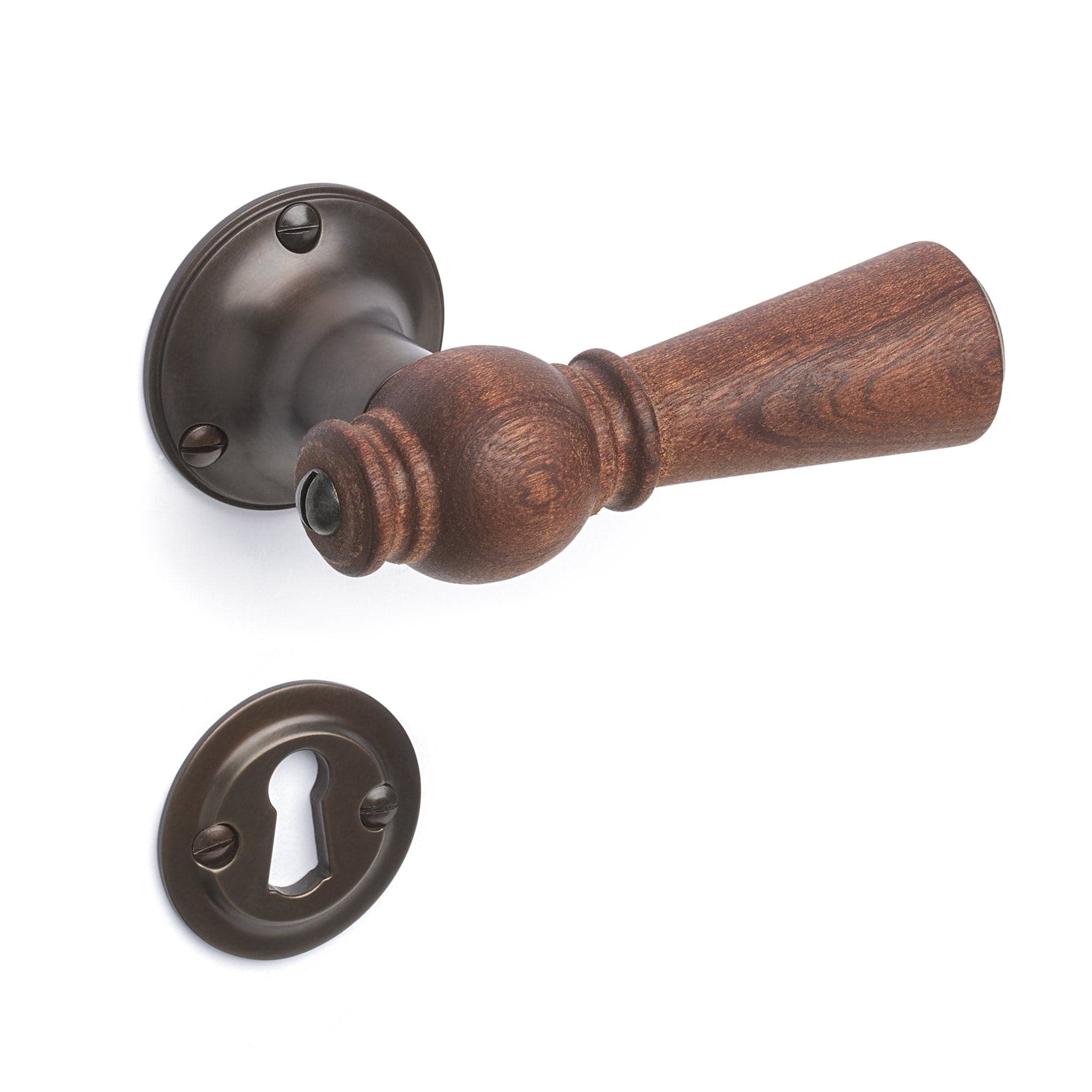 Østerbro | Dørhåndtag i Mahogni med klassiske rosetter og nøgleskilte i Bruneret Messing - 2026 model L 111 mm (C/C 30 mm) Sibes ØB-MA-1770-BB-DUMMY FINICC