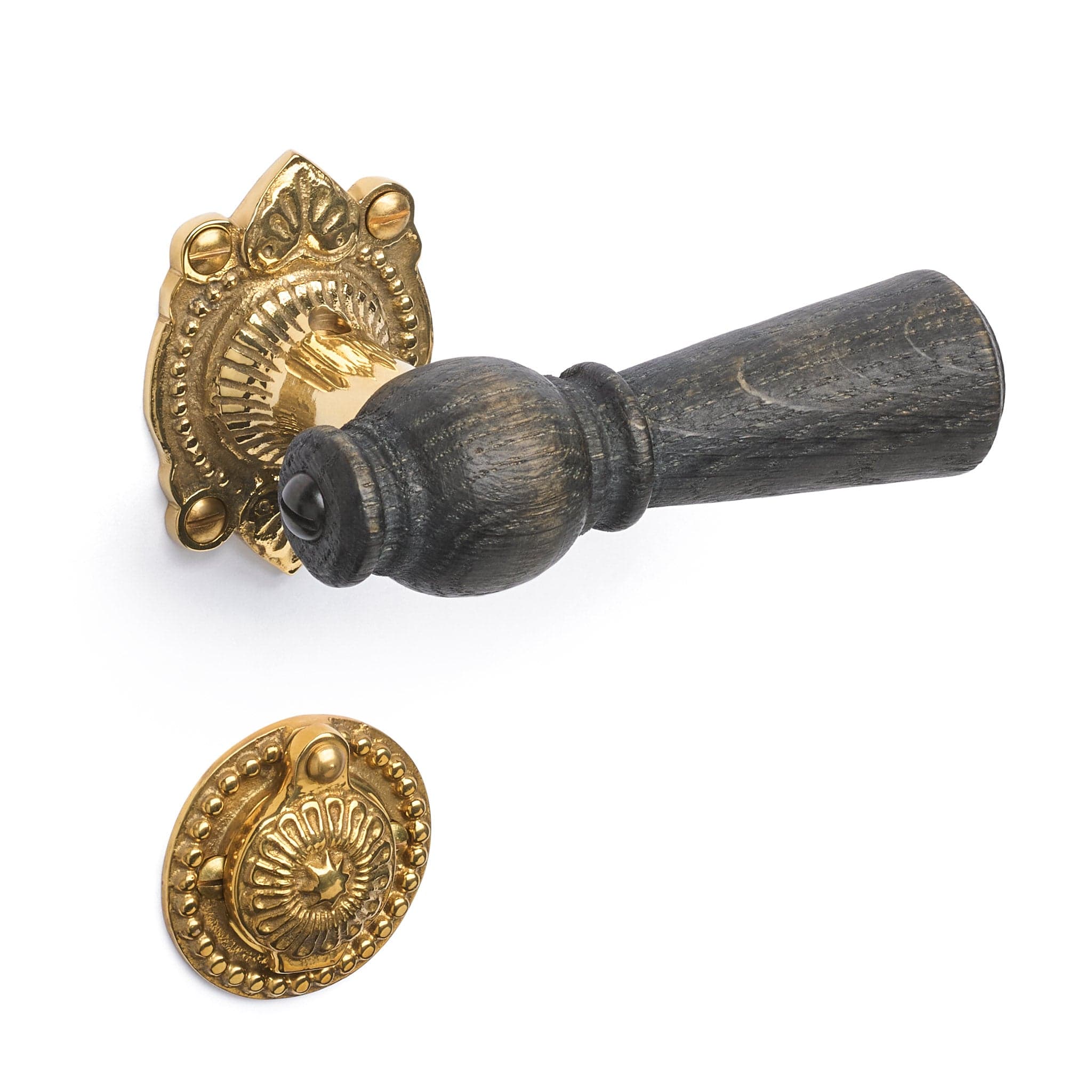 Østerbro | Dørhåndtag i Røget Eg med almue rosetter og nøgleskilte i Blank Messing uden Lak L 111 mm (C/C 30 mm) Sibes ØB-ER-1670-MPU FINICC