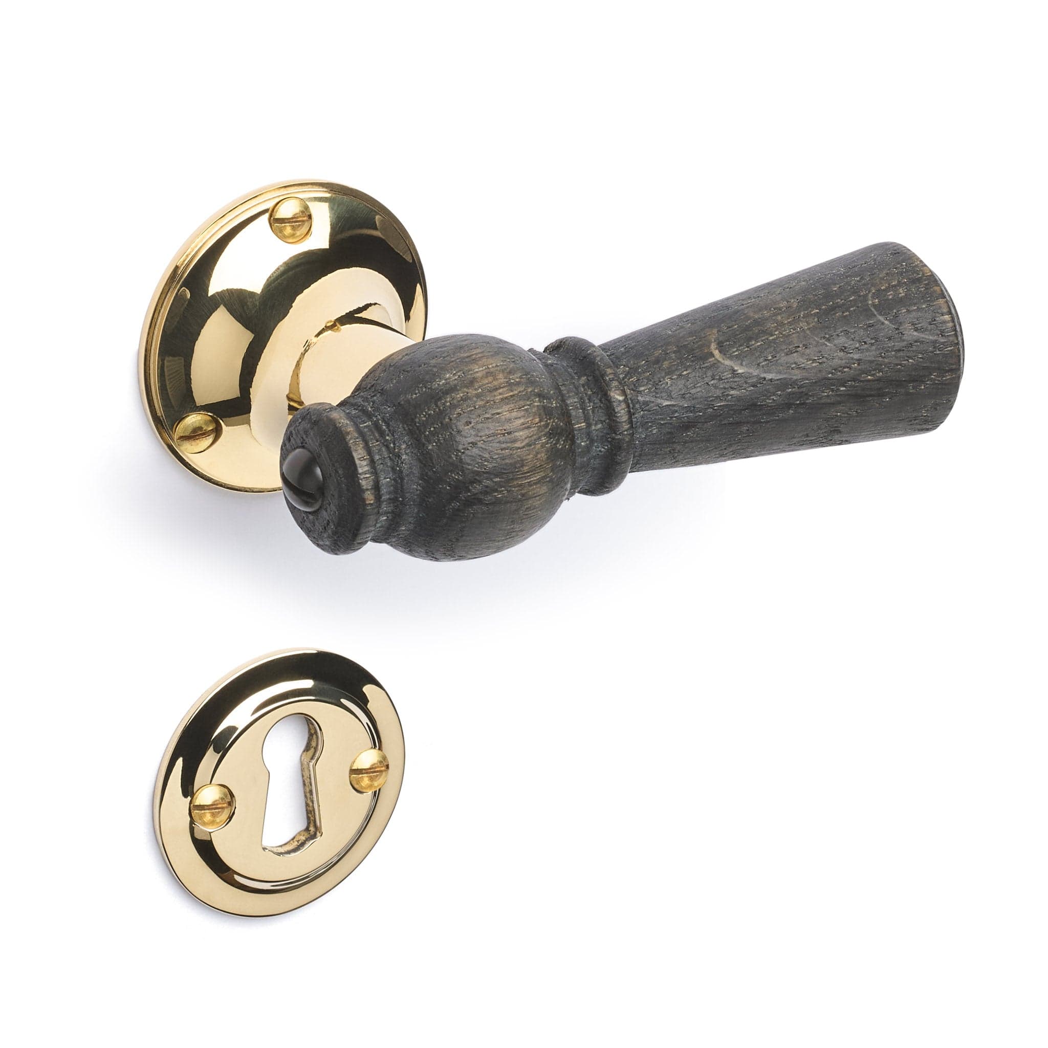 Østerbro | Dørhåndtag i Røget Eg med klassiske rosetter og nøgleskilte i Blank Messing uden Lak L 111 mm (C/C 30 mm) Sibes ØB-ER-1770-MPU FINICC