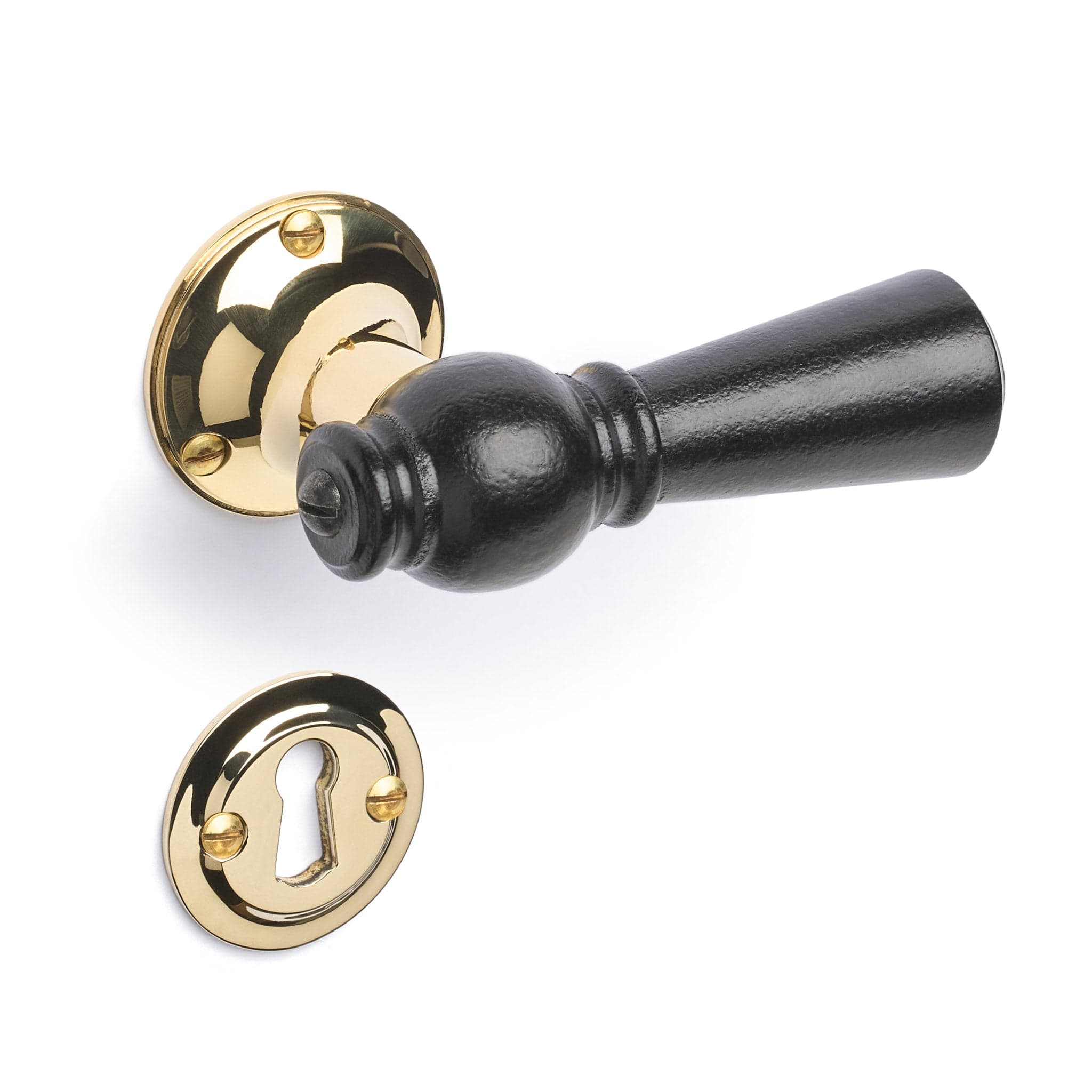 Østerbro | Dørhåndtag i Sortlakeret træ med klassiske rosetter og nøgleskilte i Blank Messing uden Lak L 111 mm (C/C 30 mm) Sibes ØB-SO-1770-MPU FINICC