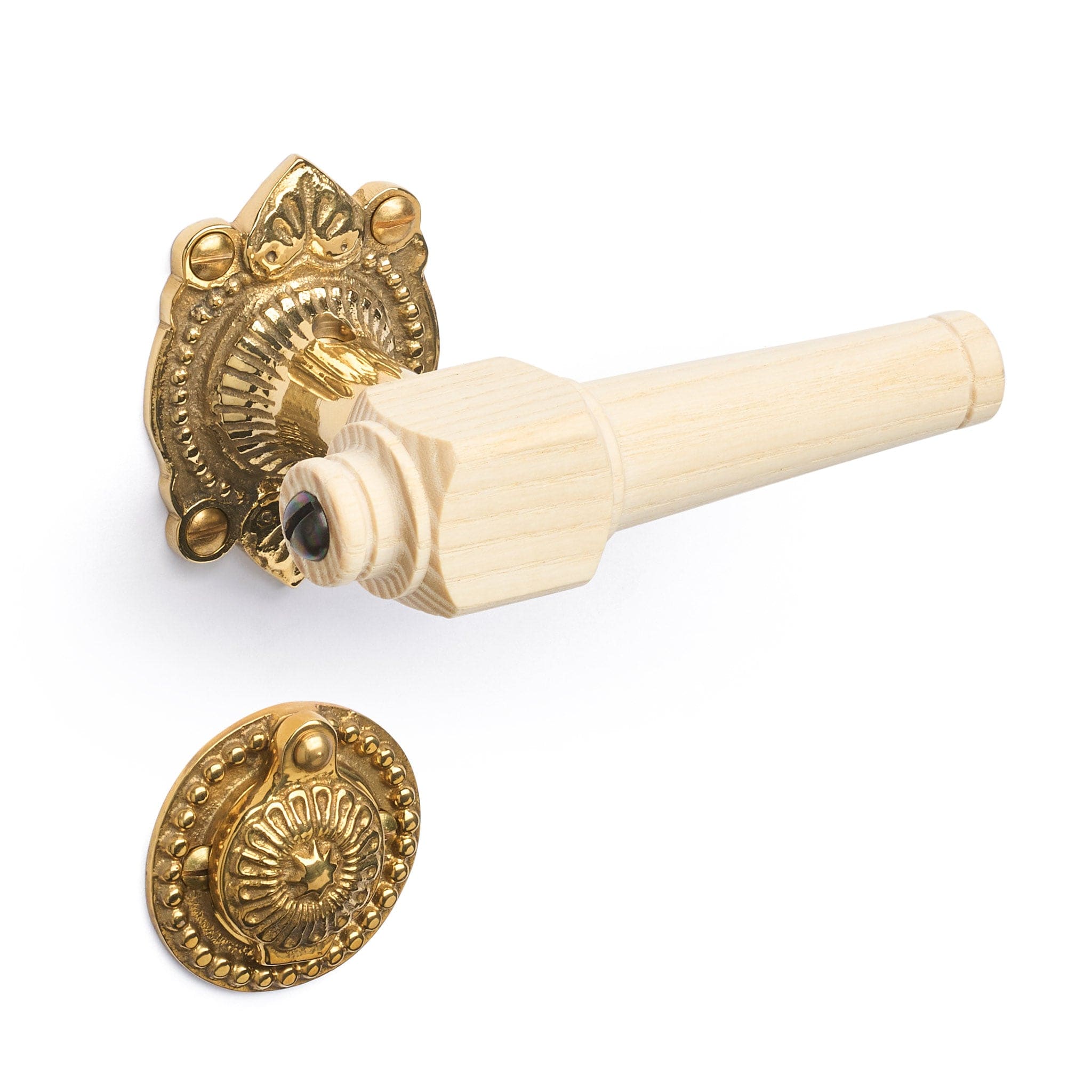 Svanemølle | Dørhåndtag i Asketræ med almue rosetter og nøgleskilte i Blank Messing uden Lak L 111 mm (C/C 30 mm) Sibes SM-AS-1670-MPU FINICC