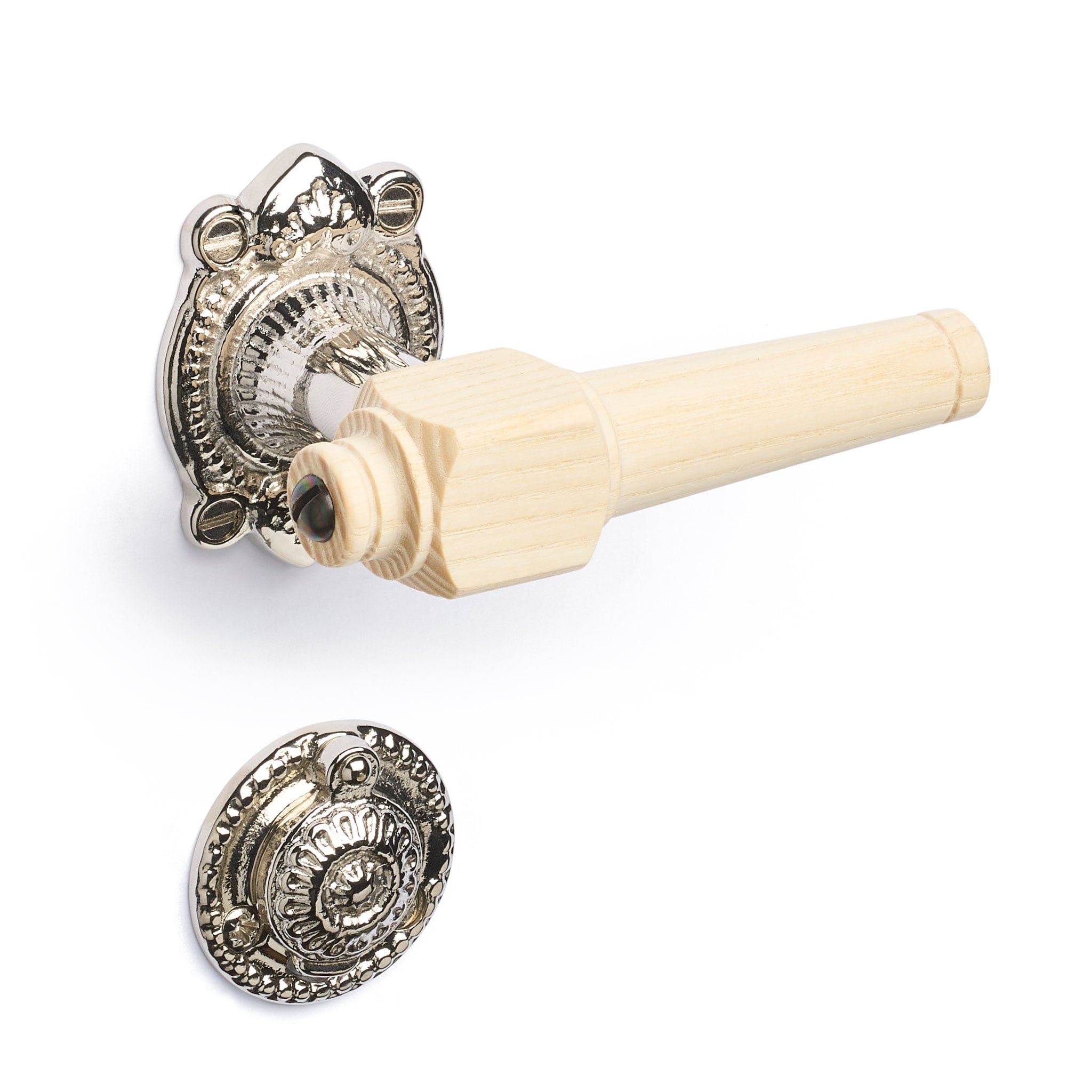 Svanemølle | Dørhåndtag i Asketræ med almue rosetter og nøgleskilte i Blank Nikkel L 111 mm (C/C 30 mm) Sibes SM-AS-1670-NI FINICC