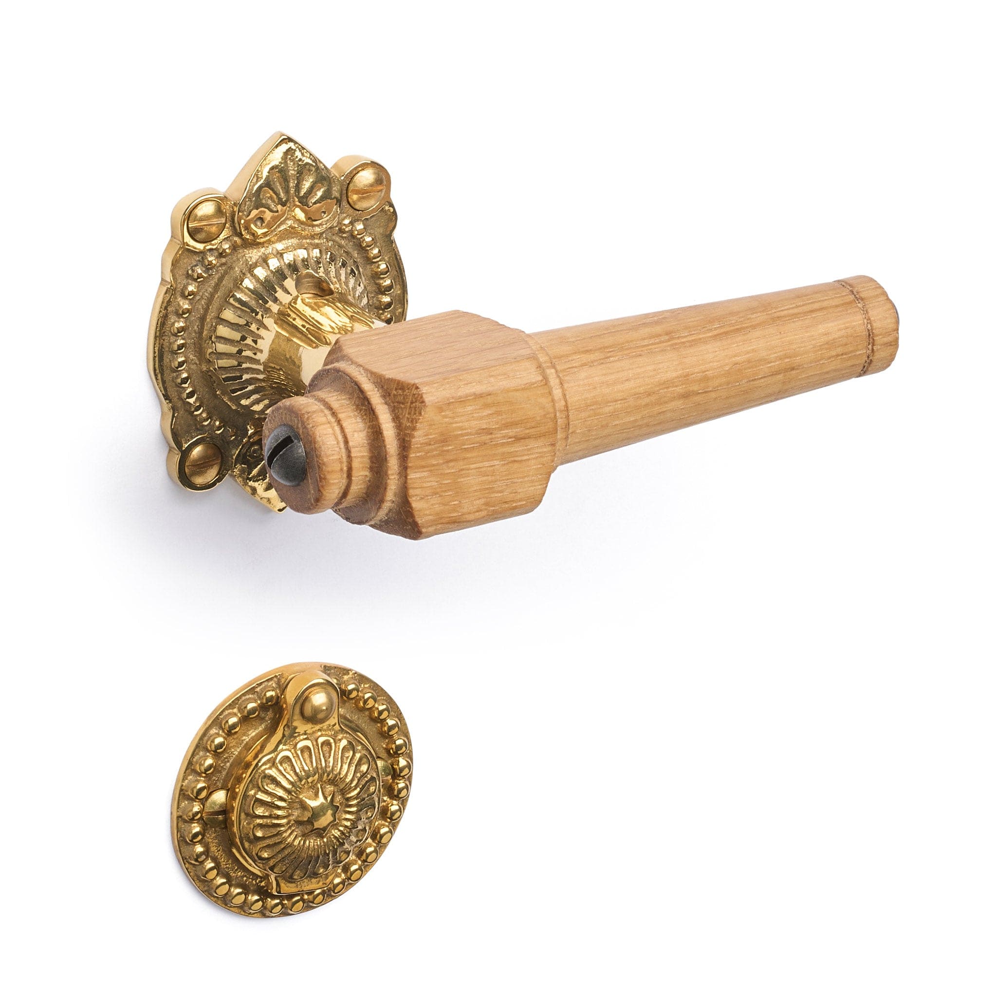 Svanemølle | Dørhåndtag i Egetræ med almue rosetter og nøgleskilte i Blank Messing uden Lak L 111 mm (C/C 30 mm) Sibes SM-EN-1670-MPU FINICC