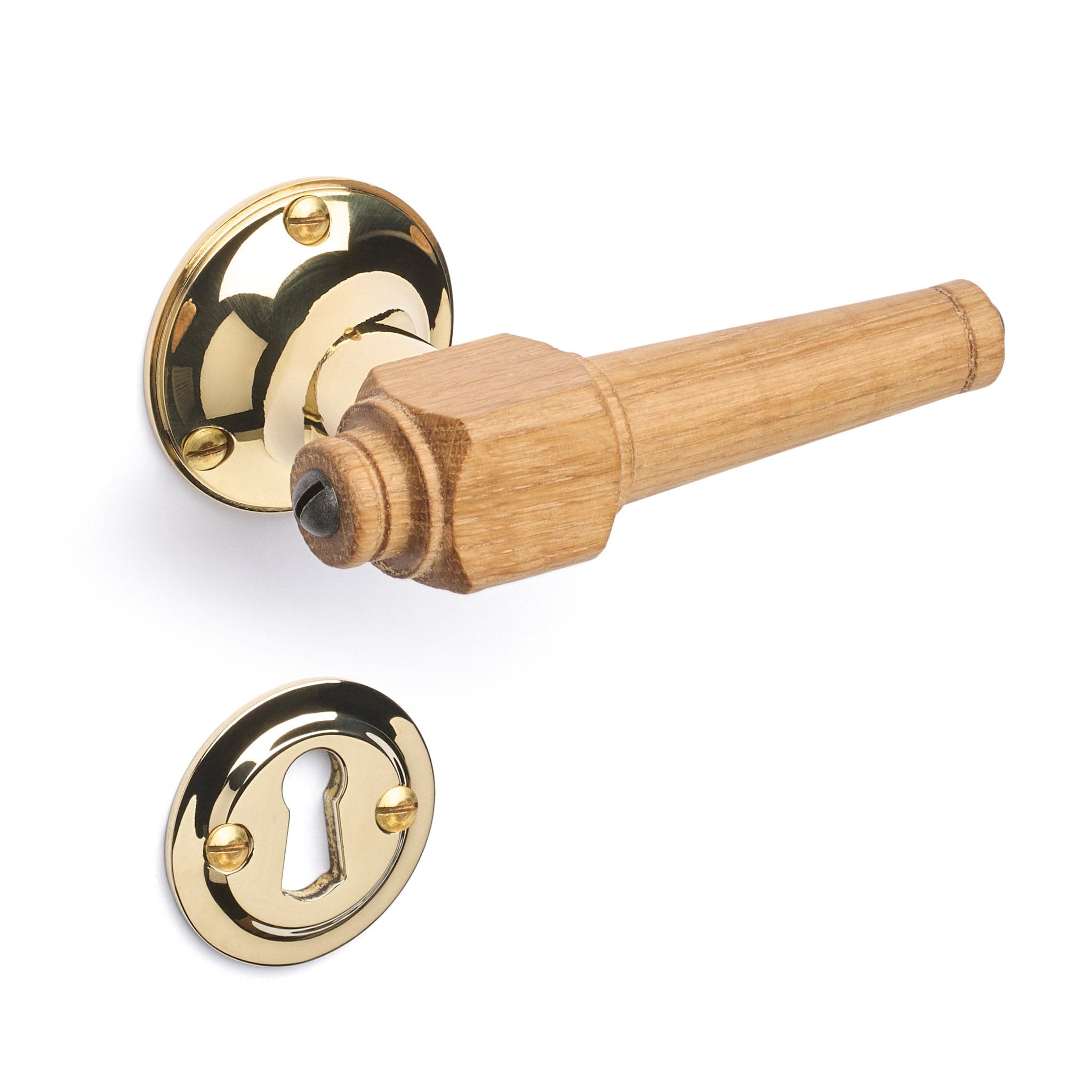 Svanemølle | Dørhåndtag i Egetræ med klassiske rosetter og nøgleskilte i Blank Messing uden Lak L 111 mm (C/C 30 mm) Sibes SM-EN-1770-MPU FINICC