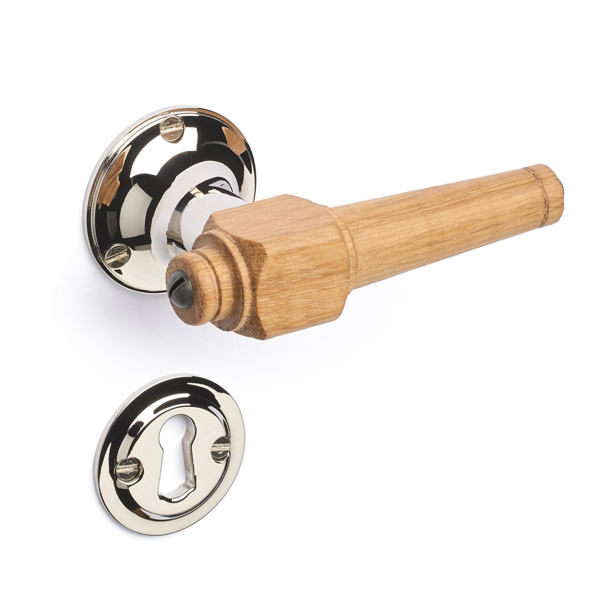 Svanemølle | Dørhåndtag i Egetræ med klassiske rosetter og nøgleskilte i Blank Nikkel L 111 mm (C/C 30 mm) Sibes SM-EN-1770-NI FINICC