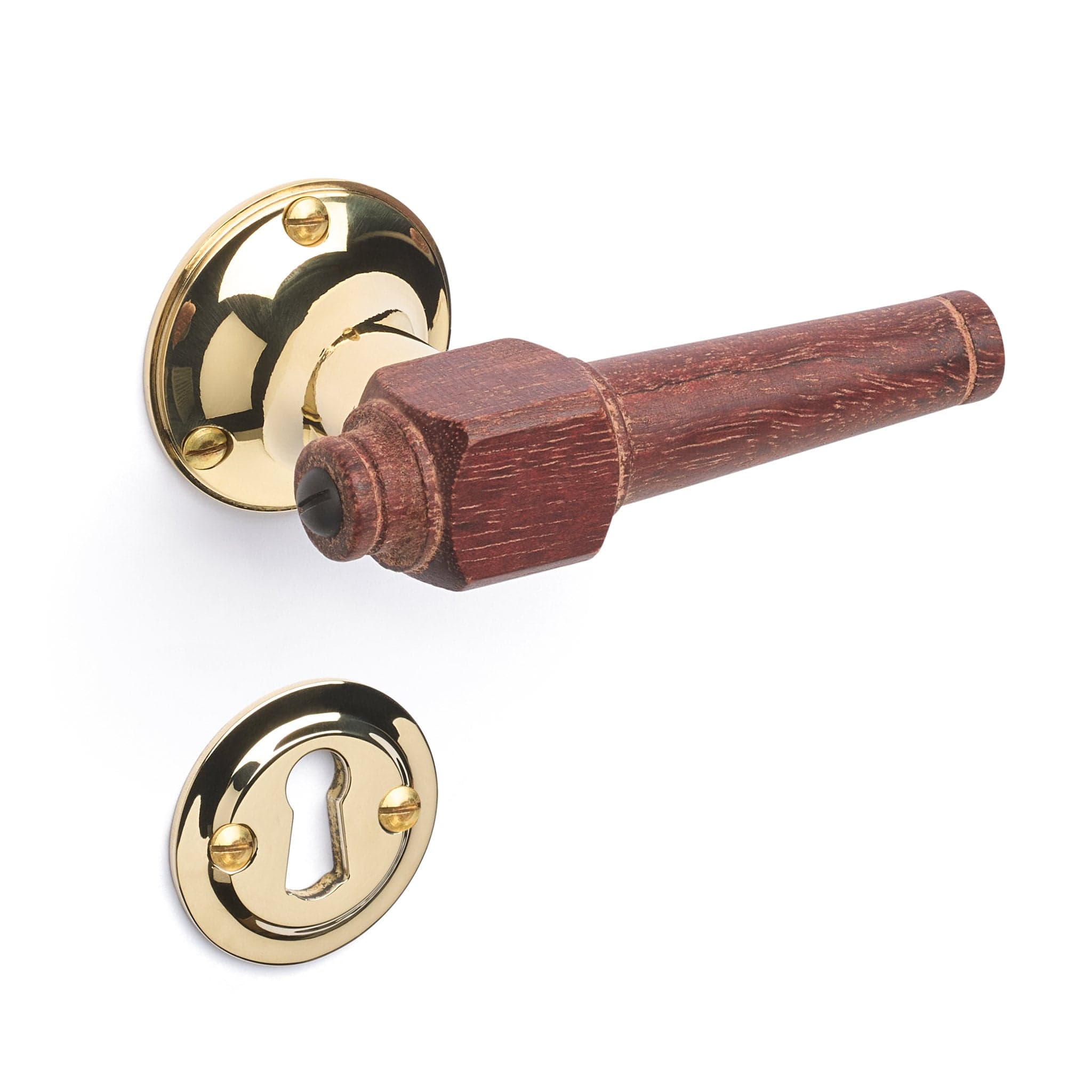 Svanemølle | Dørhåndtag i Mahogni træ med klassiske rosetter og nøgleskilte i Blank Messing uden Lak - 2026 model L 111 mm (C/C 30 mm) Sibes SM-MA-1770-MPU-DUMMY FINICC