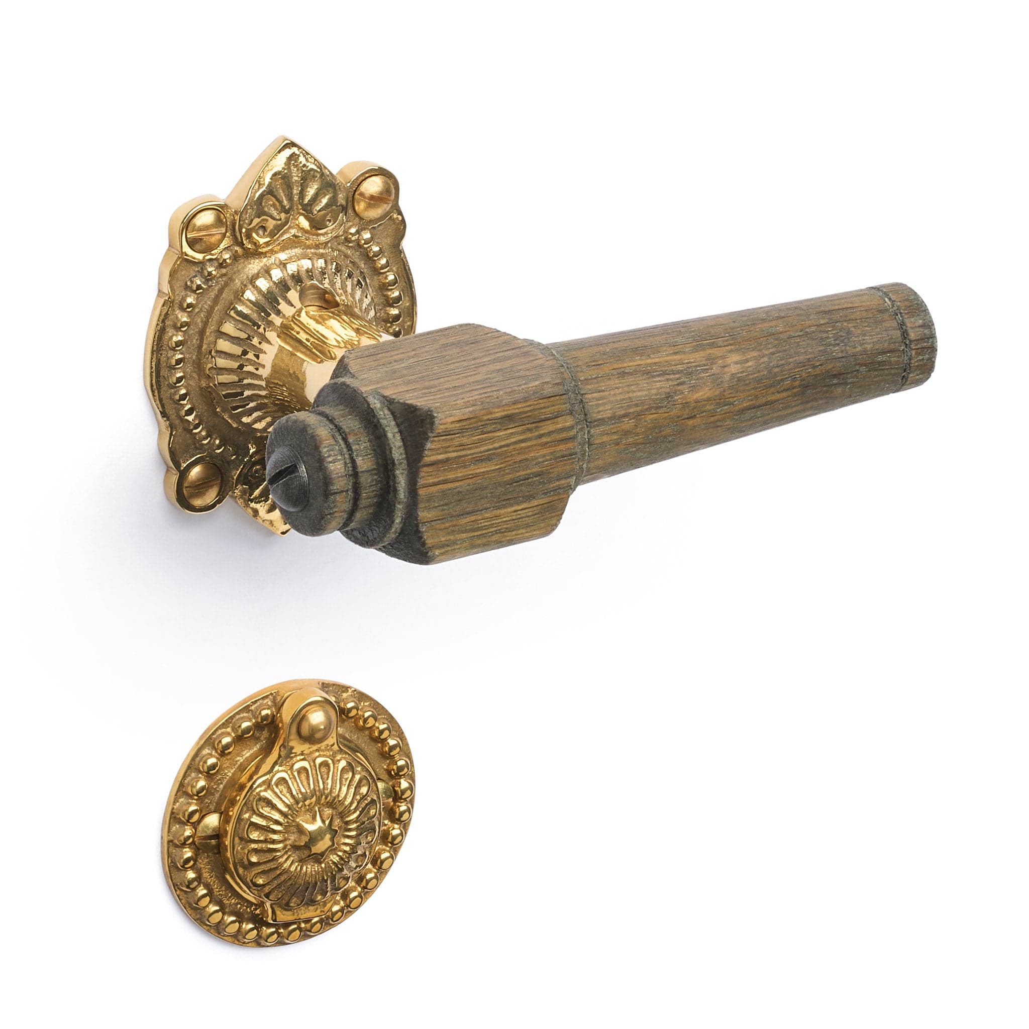 Svanemølle | Dørhåndtag i Røget Eg med almue rosetter og nøgleskilte i Blank Messing uden Lak L 111 mm (C/C 30 mm) Sibes SM-ER-1670-MPU FINICC