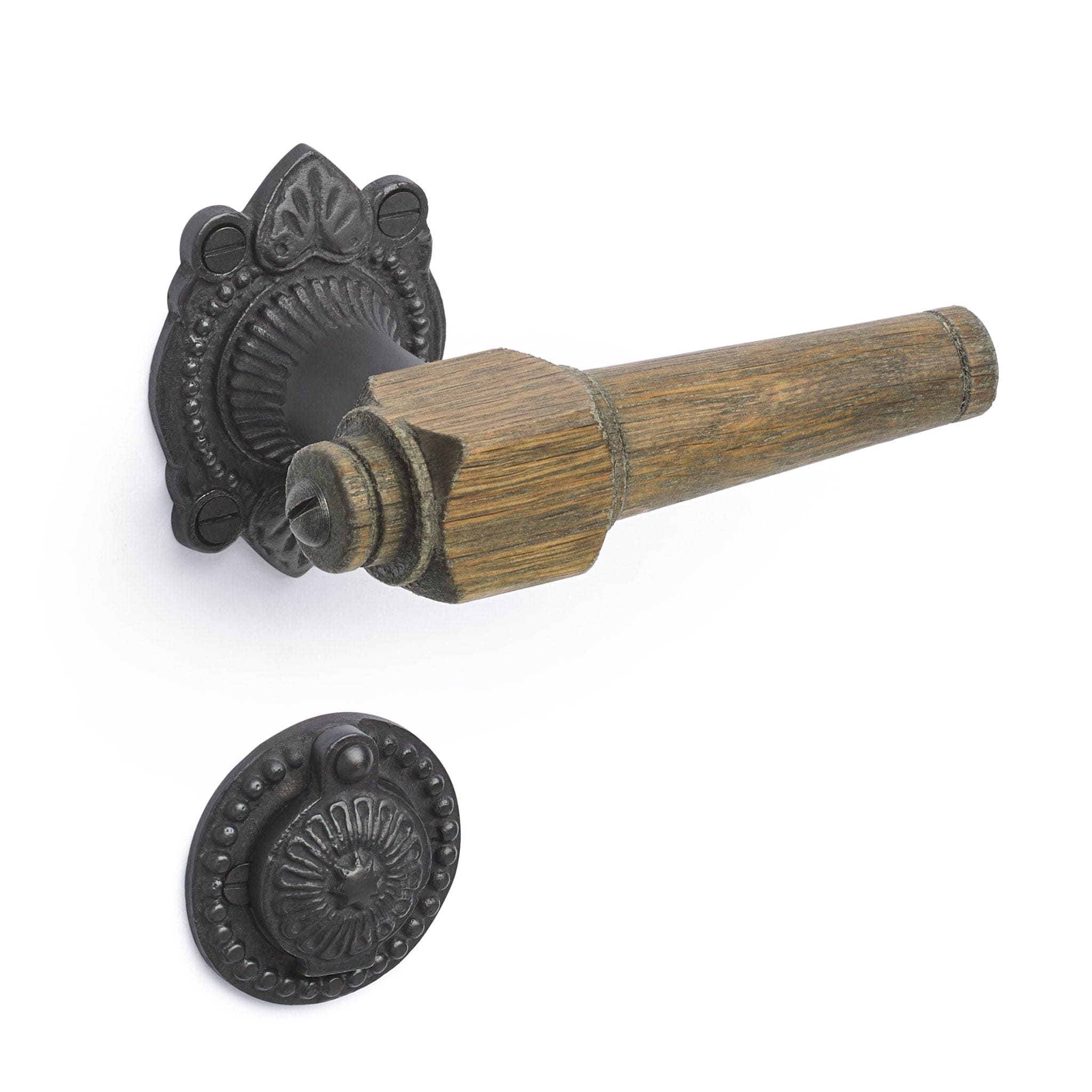 Svanemølle | Dørhåndtag i Røget Eg med almue rosetter og nøgleskilte i Sort Oxideret Messing L 111 mm (C/C 30 mm) Sibes SM-ER-1670-OX FINICC