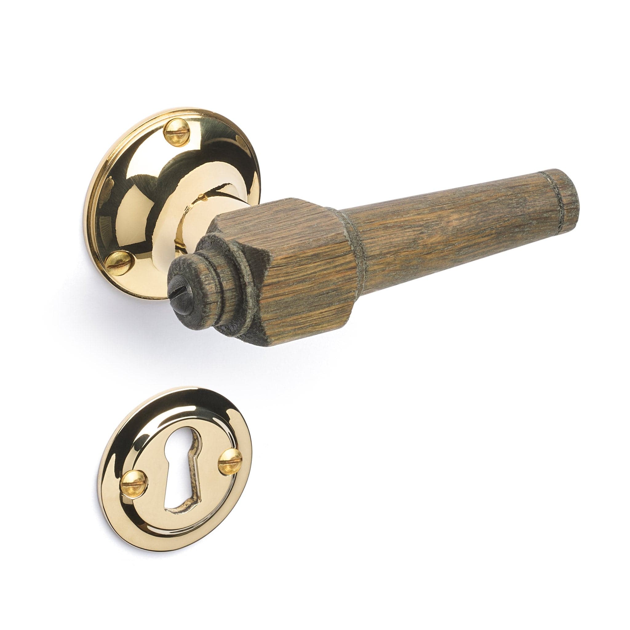 Svanemølle | Dørhåndtag i Røget Eg med klassiske rosetter og nøgleskilte i Blank Messing uden Lak L 111 mm (C/C 30 mm) Sibes SM-ER-1770-MPU FINICC