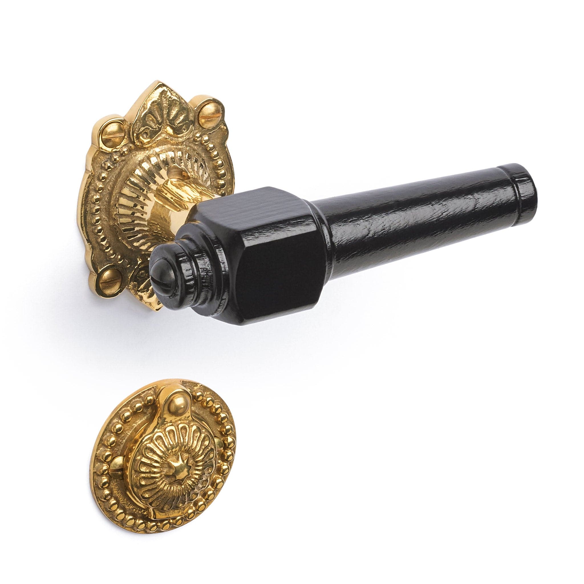 Svanemølle | Dørhåndtag i Sortlakeret træ med almue rosetter og nøgleskilte i Blank Messing uden Lak L 111 mm (C/C 30 mm) Sibes SM-SO-1670-MPU FINICC