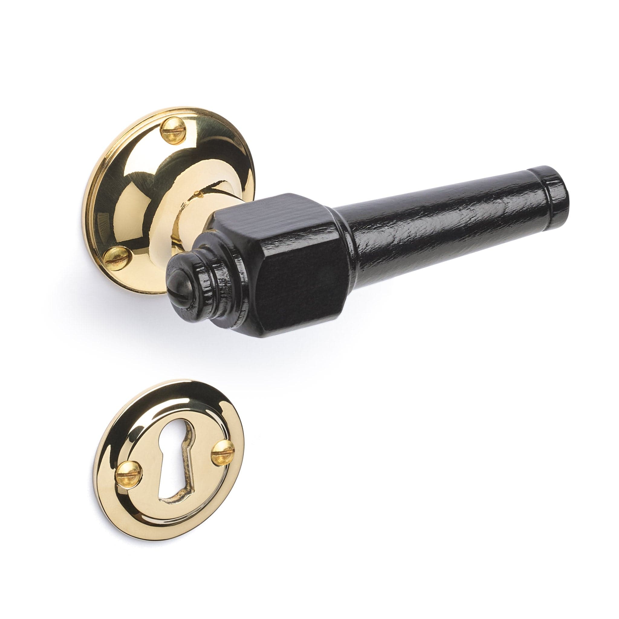 Svanemølle | Dørhåndtag i Sortlakeret træ med klassiske rosetter og nøgleskilte i Blank Messing uden Lak L 111 mm (C/C 30 mm) Sibes SM-SO-1770-MPU FINICC