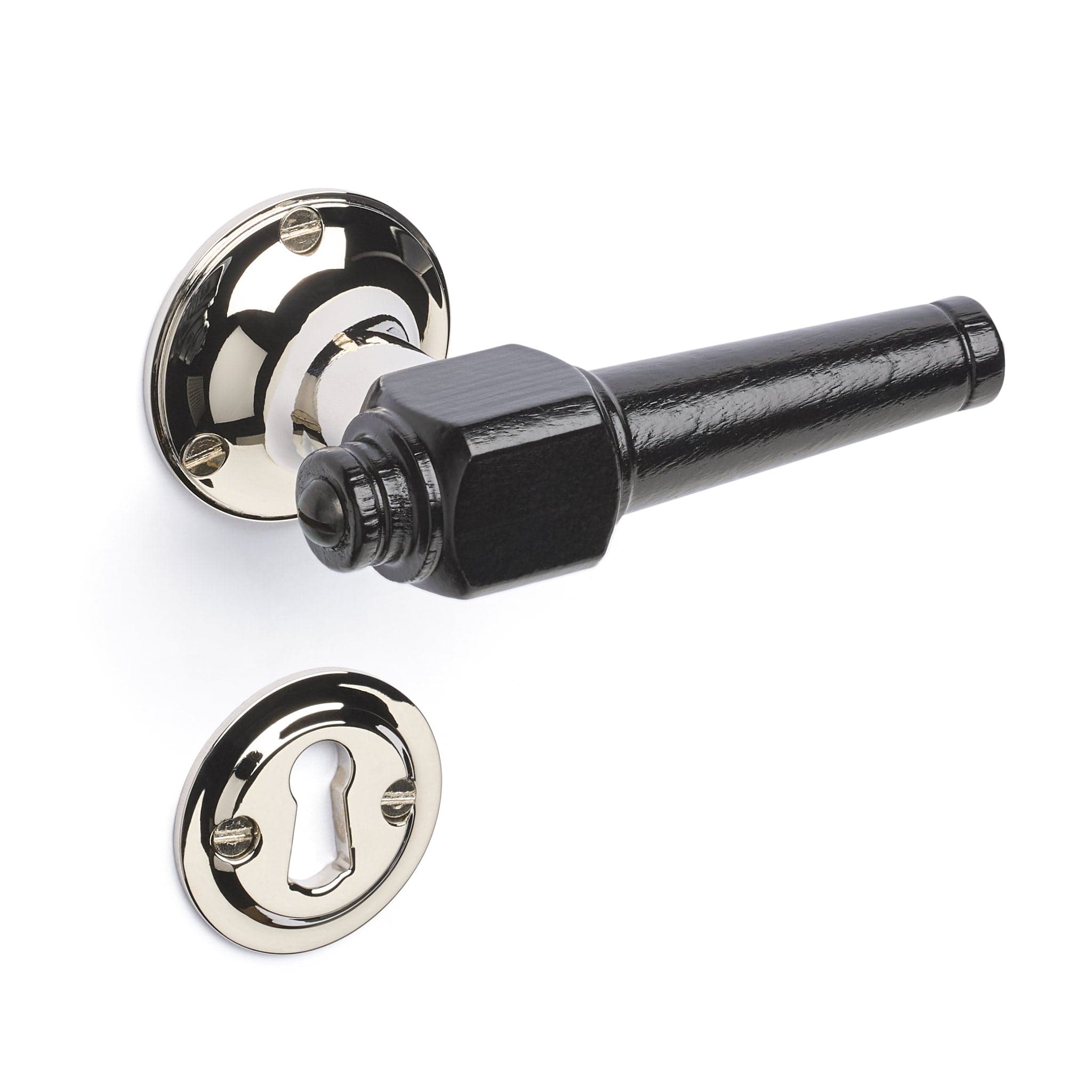 Svanemølle | Dørhåndtag i Sortlakeret træ med klassiske rosetter og nøgleskilte i Blank Nikkel L 111 mm (C/C 30 mm) Sibes SM-SO-1770-NI FINICC