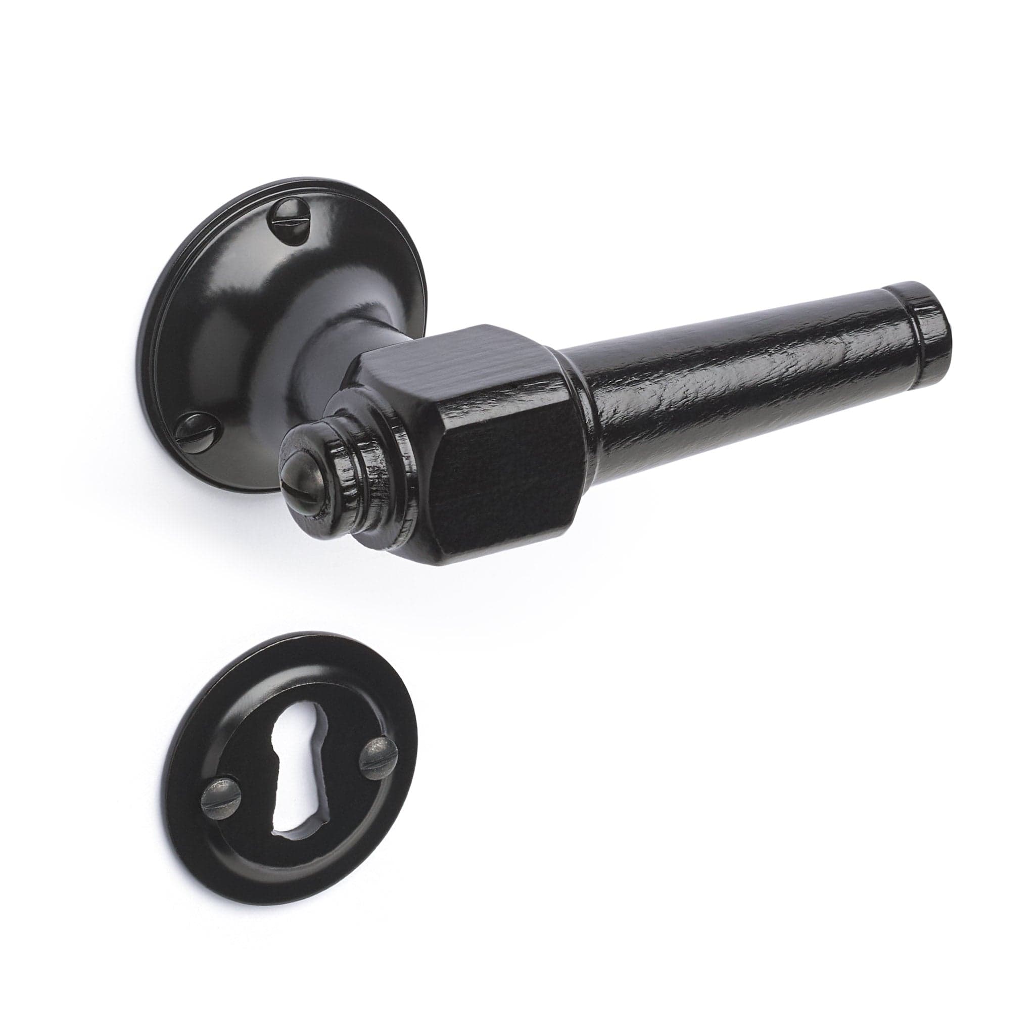 Svanemølle | Dørhåndtag i Sortlakeret træ med klassiske rosetter og nøgleskilte i Sortlakeret Messing L 111 mm (C/C 30 mm) Sibes SM-SO-1770-SO FINICC